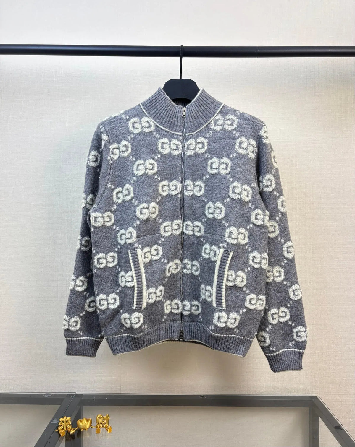 Towel-Embroidered Wool Knit Jacket