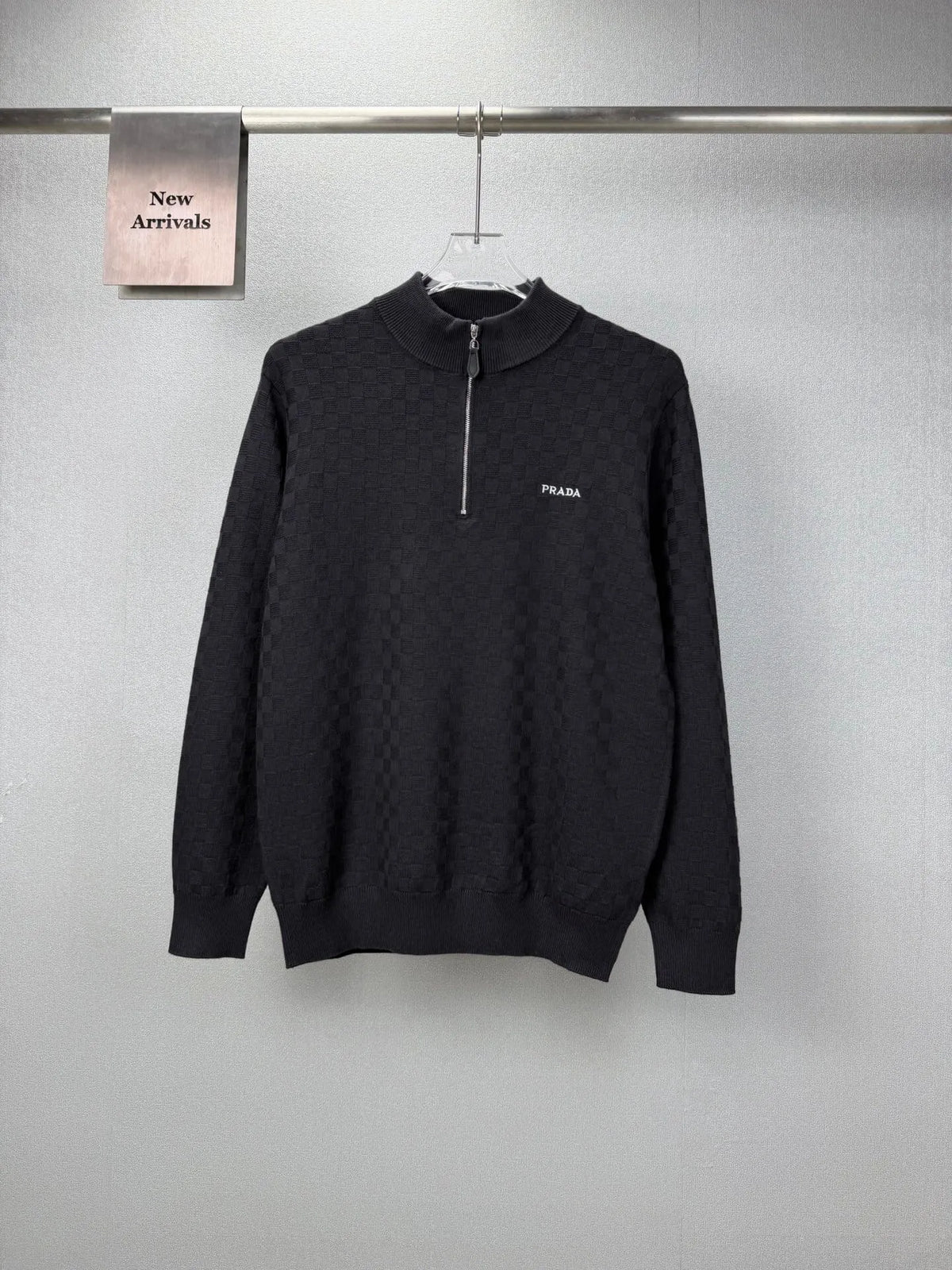 Embroidery Logo Checker Half Zip Knit Sweater