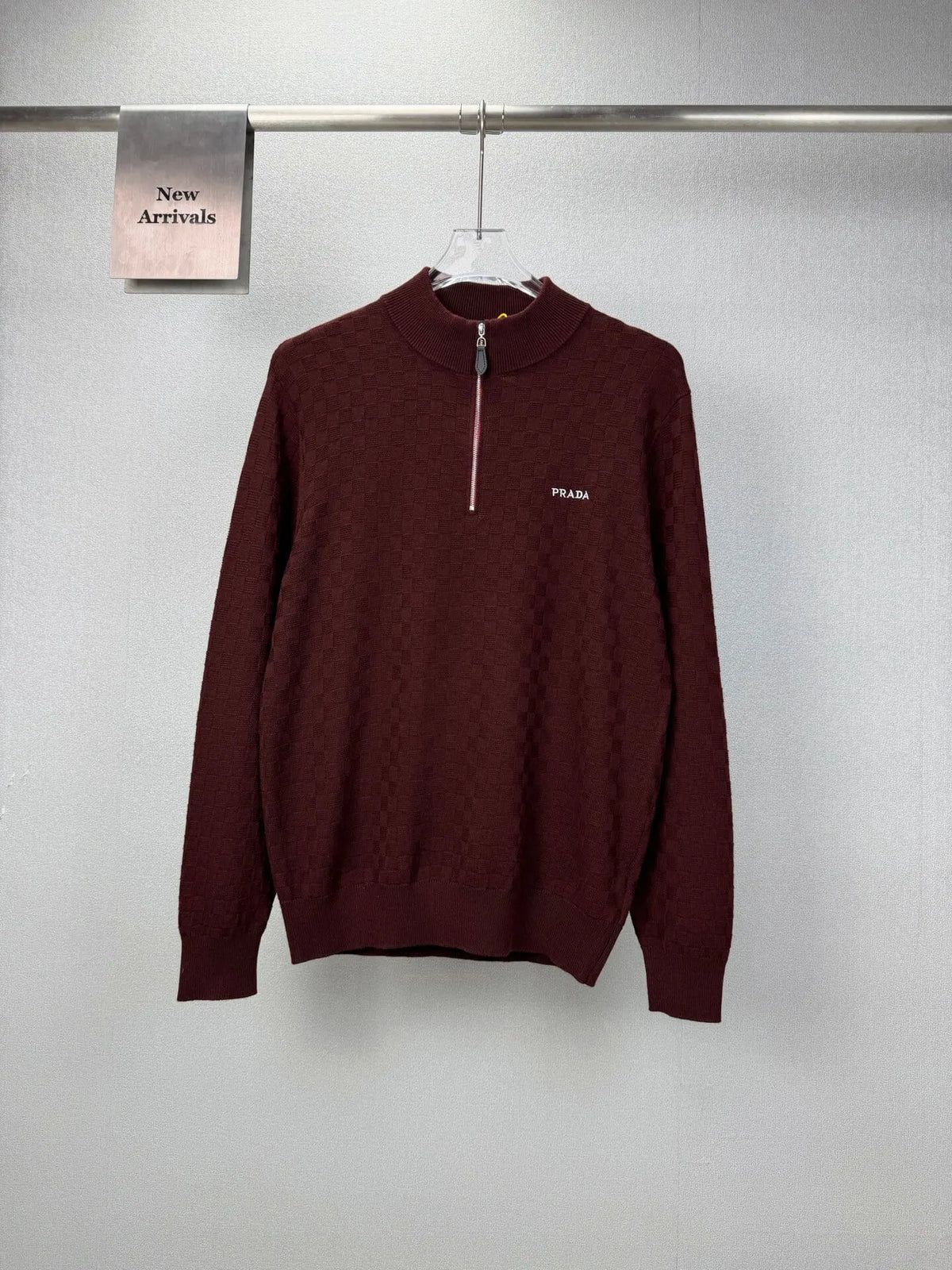 Embroidery Logo Checker Half Zip Knit Sweater