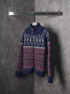 Geometric Jacquard Diamond Zip‑Up Sweater Jacket