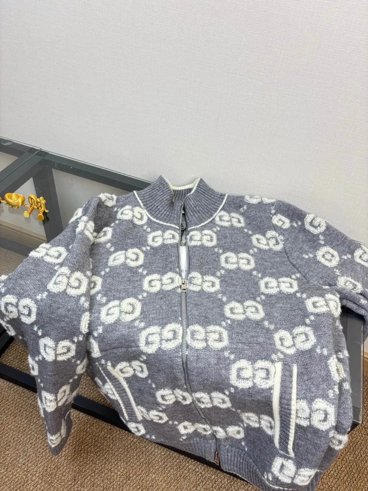 Towel-Embroidered Wool Knit Jacket