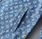 Monogram Print Denim Lapel Zip‑Up Jacket