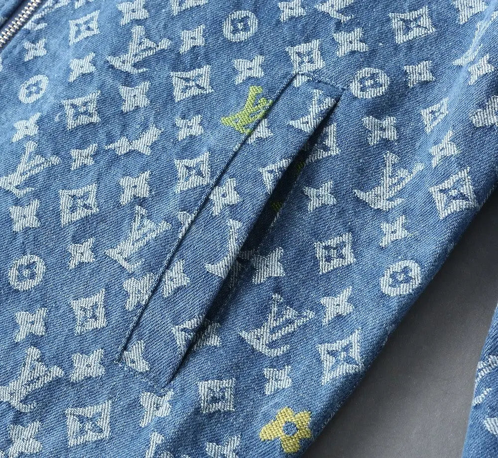 Monogram Print Denim Lapel Zip‑Up Jacket