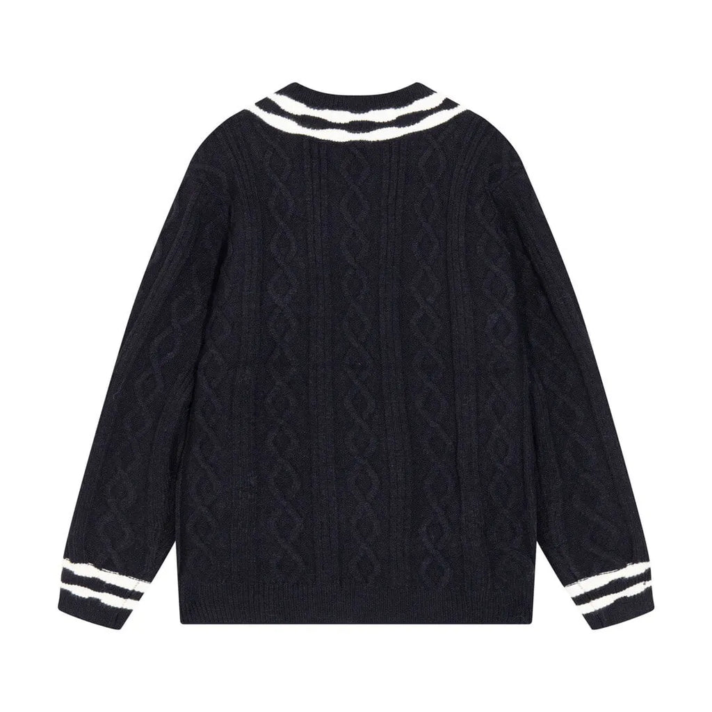 Cable‑Knit V‑Neck Striped Sweater