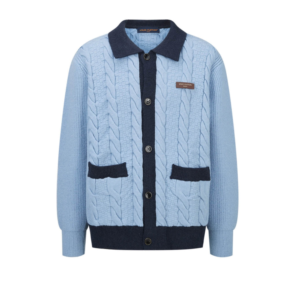 Cable-Knit Leather Patch Cardigan Jacket