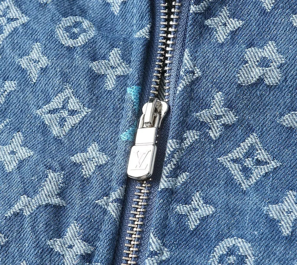 Monogram Print Denim Lapel Zip‑Up Jacket