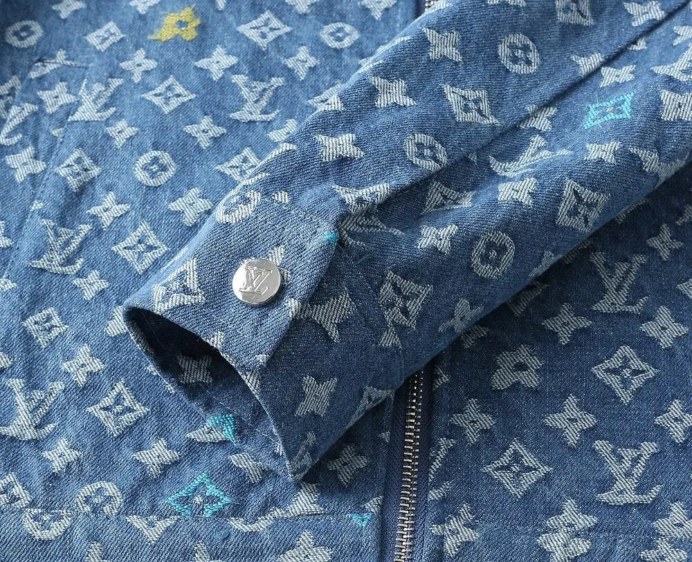 Monogram Print Denim Lapel Zip‑Up Jacket