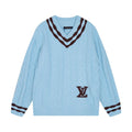 Cable‑Knit V‑Neck Striped Sweater