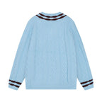 Cable‑Knit V‑Neck Striped Sweater