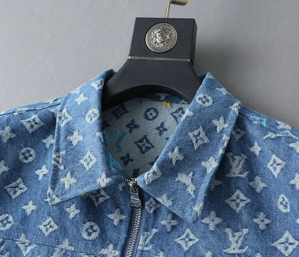 Monogram Print Denim Lapel Zip‑Up Jacket