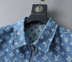 Monogram Print Denim Lapel Zip‑Up Jacket