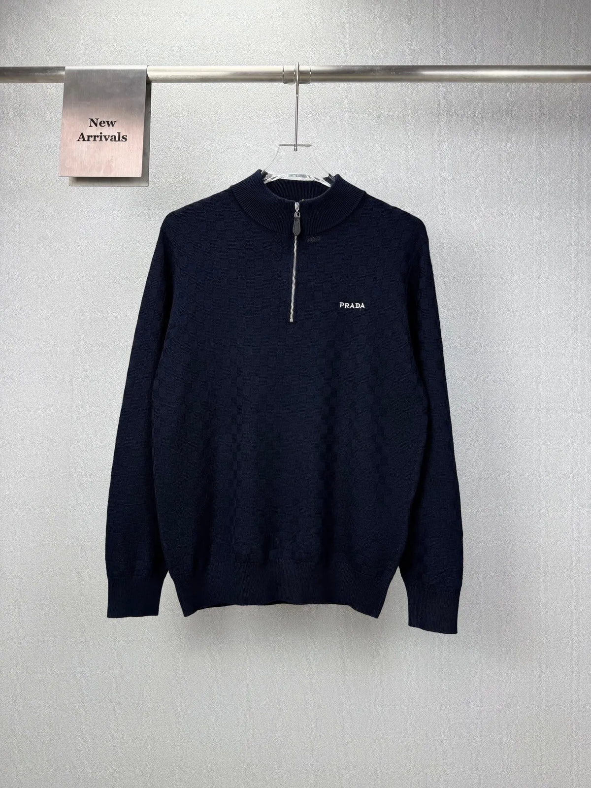 Embroidery Logo Checker Half Zip Knit Sweater