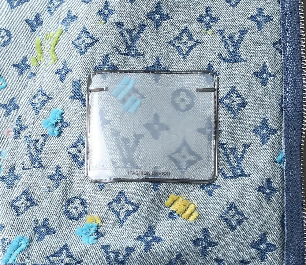Monogram Print Denim Lapel Zip‑Up Jacket