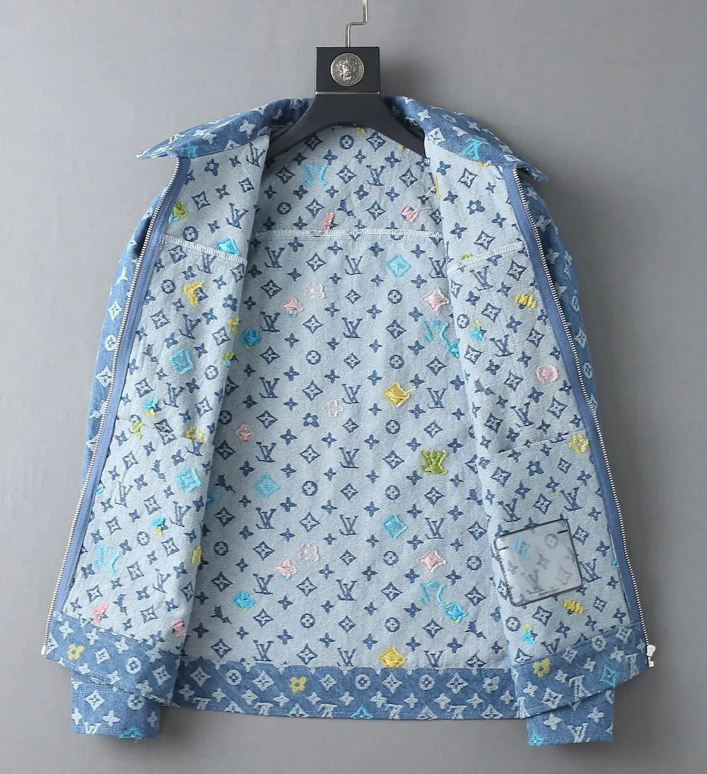 Monogram Print Denim Lapel Zip‑Up Jacket