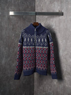 Geometric Jacquard Diamond Zip‑Up Sweater Jacket
