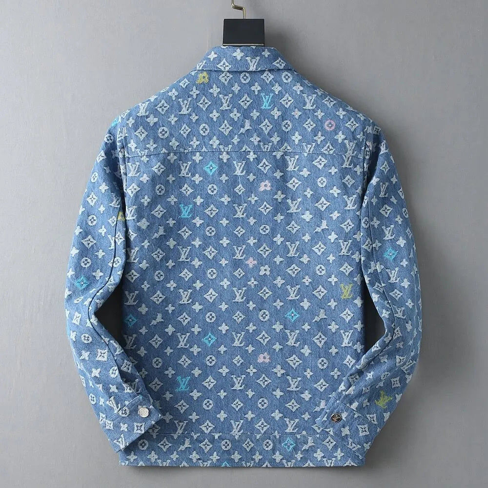 Monogram Print Denim Lapel Zip‑Up Jacket