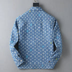 Monogram Print Denim Lapel Zip‑Up Jacket