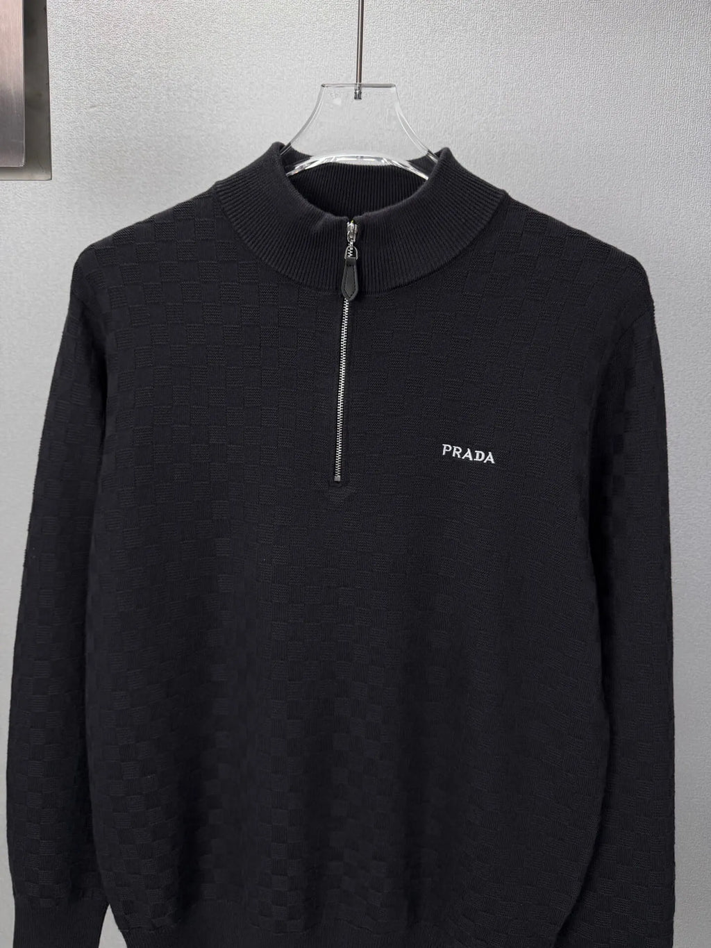 Embroidery Logo Checker Half Zip Knit Sweater