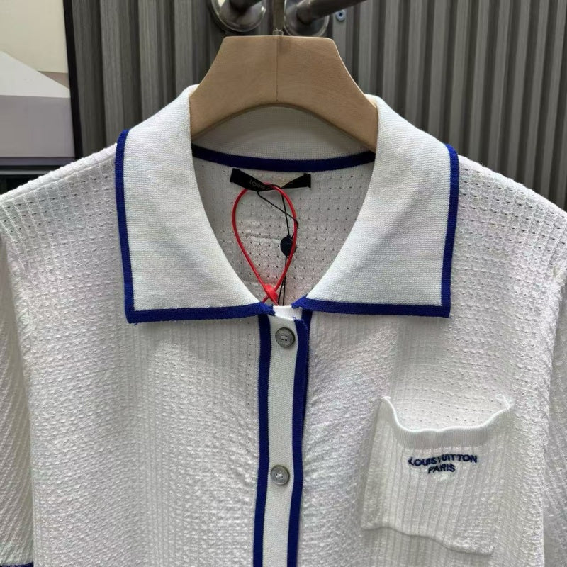 White Waffle Knit Polo Shirt