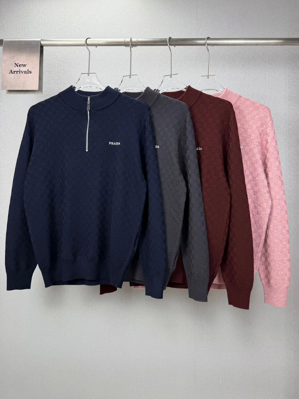 Embroidery Logo Checker Half Zip Knit Sweater