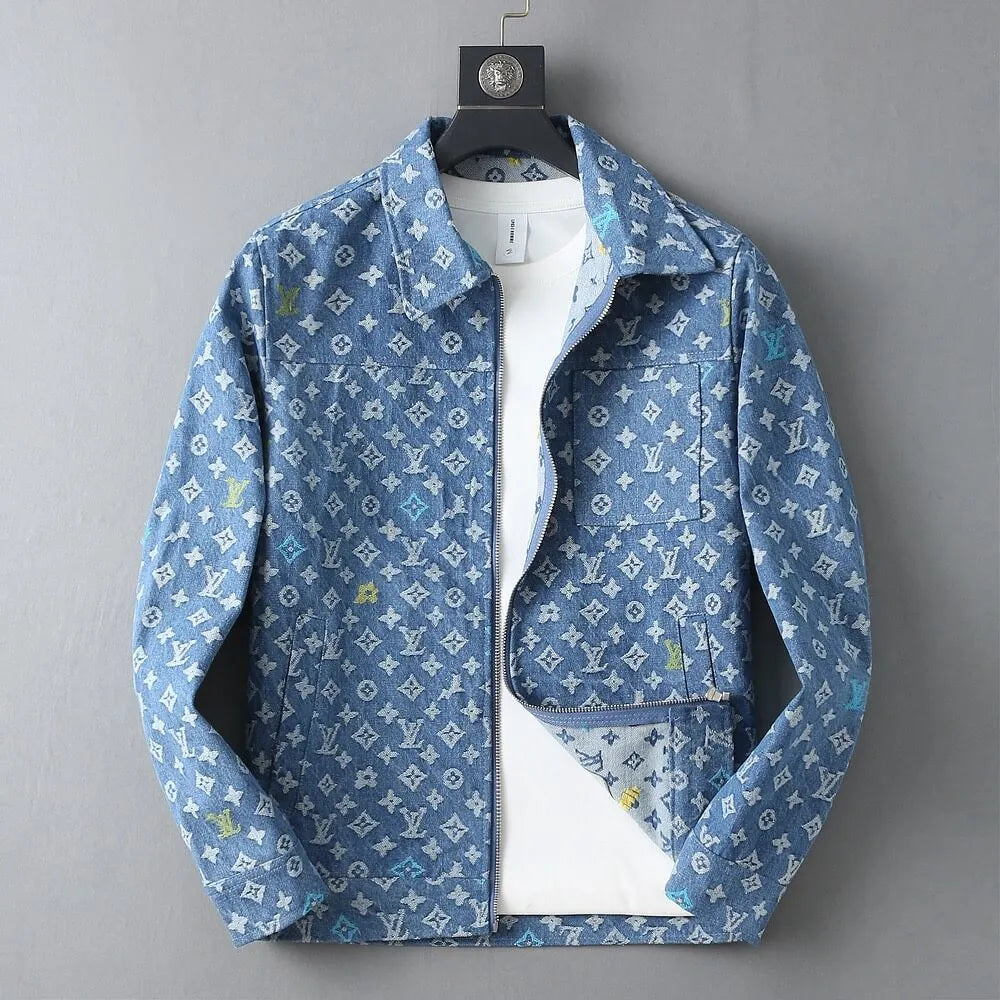 Monogram Print Denim Lapel Zip‑Up Jacket