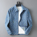 Monogram Print Denim Lapel Zip‑Up Jacket