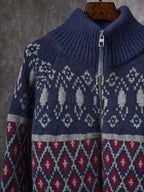 Geometric Jacquard Diamond Zip‑Up Sweater Jacket