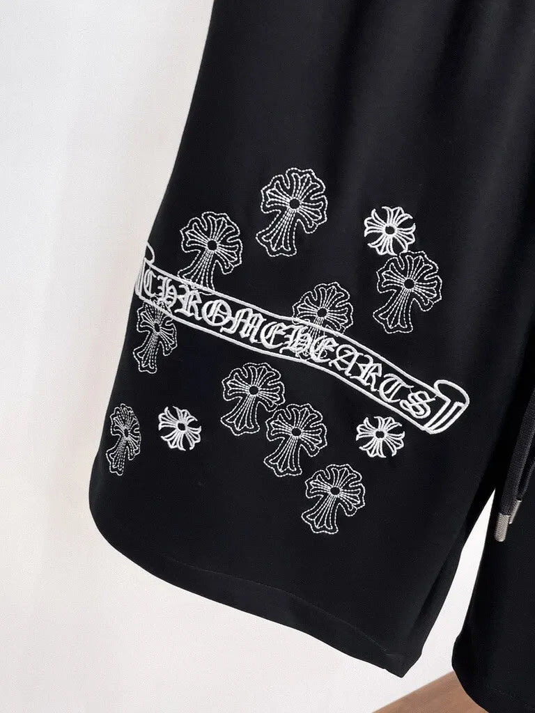 Cross‑Graphic Print Drawstring Shorts