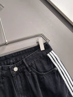 Side Stripe Frayed Hem Ripped Denim Shorts
