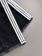 Side Stripe Frayed Hem Ripped Denim Shorts