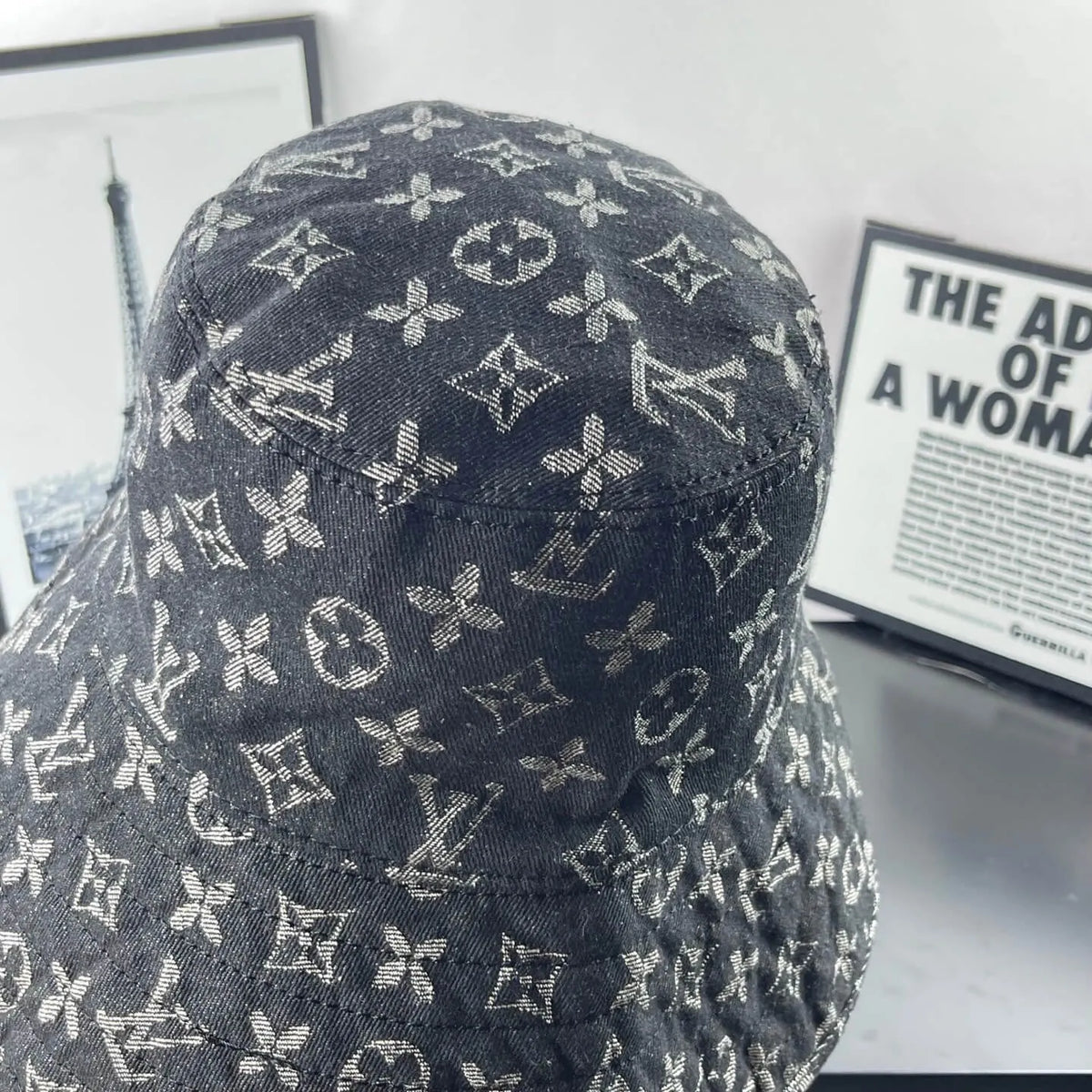 Black-Grey Jacquard Wide-Brim Bucket Hat